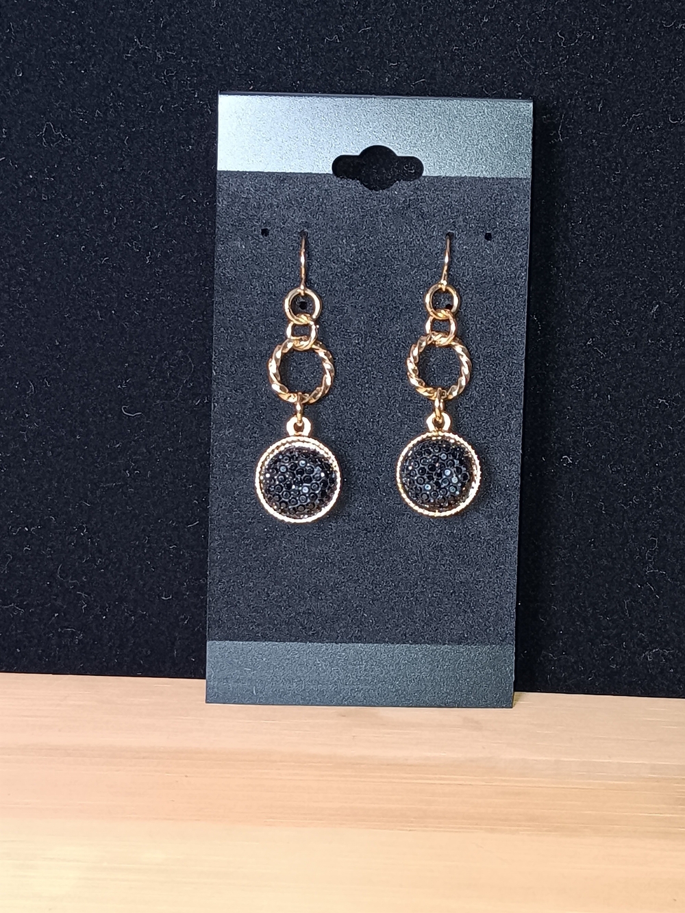 Gold-Tone Dangle Earrings with Black Pavé Discs